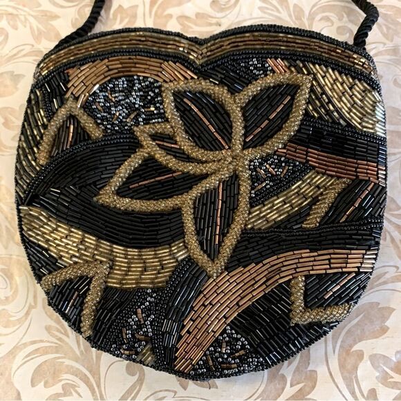 Vintage Beaded Crossbody Handbag Black Gold Peoples Republic of China Gorgeous - Picture 1 of 9